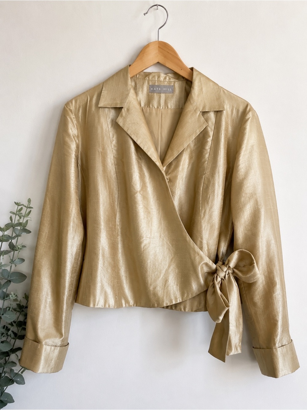 Kate Hill 100% Silk Gold Wrap Blazer Jacket Minimalist Quiet Luxury Top - Picture 2 of 10